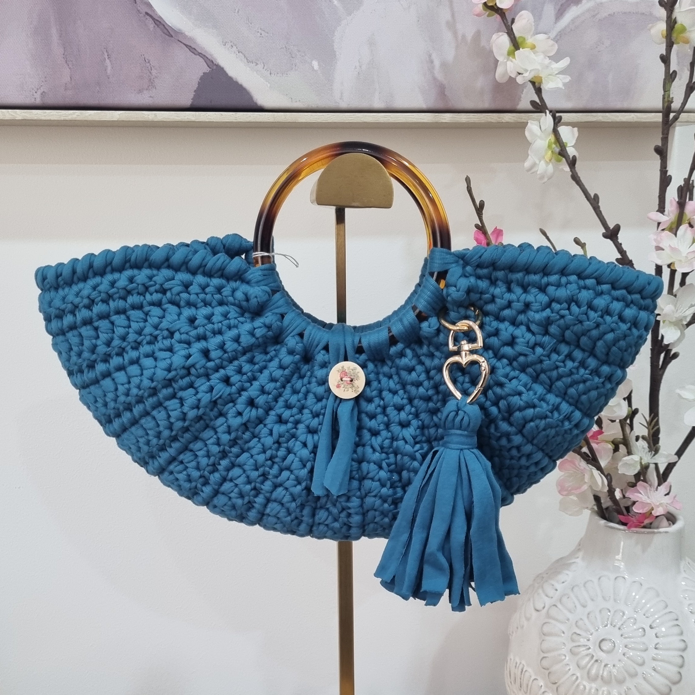 Coastal Loops - Half Moon Crochet Statement Bag – Handmade with Top Handle